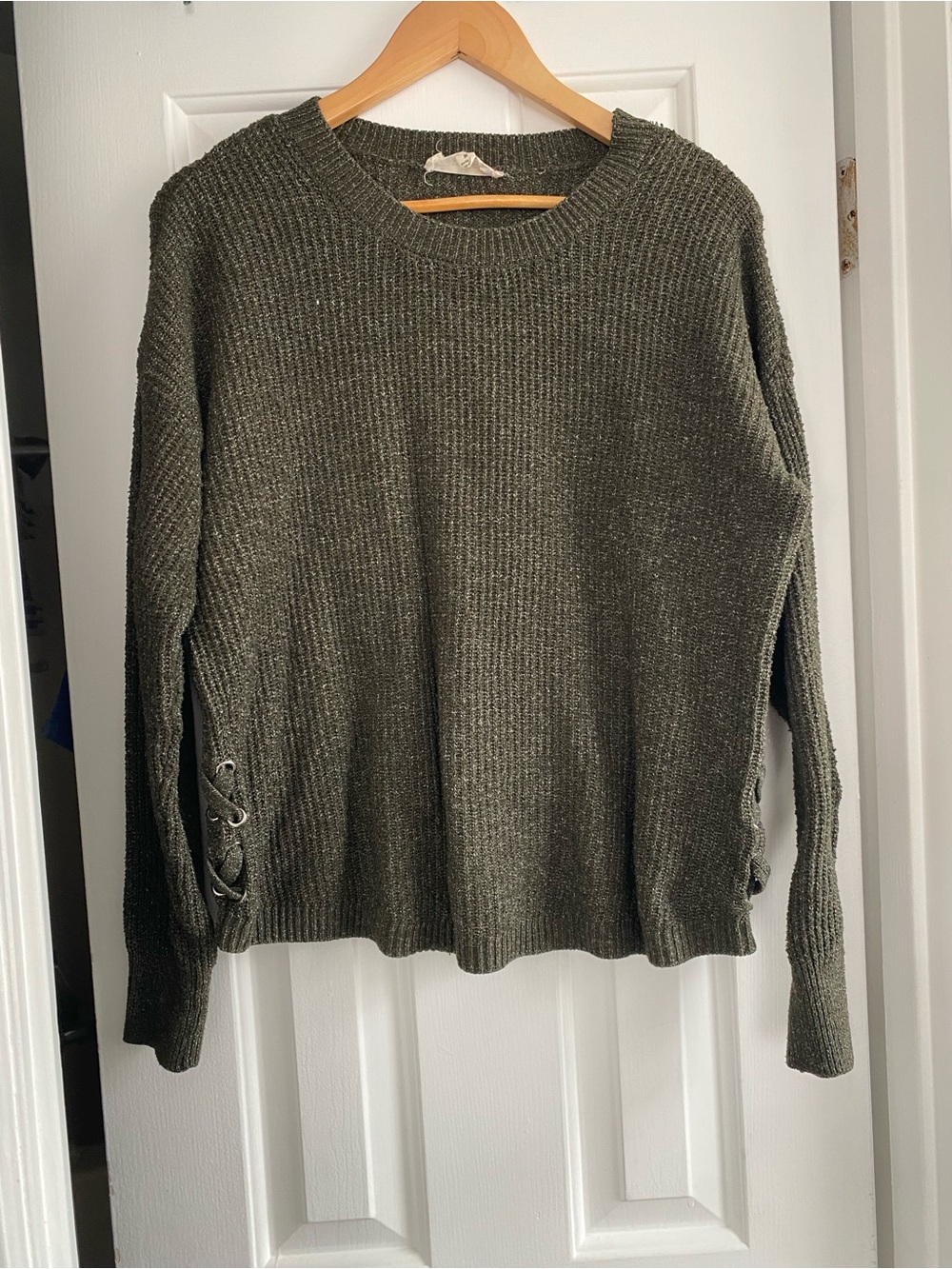 Pink Republic Olive Green Crewneck Sweater with Side Lace-Up Detail